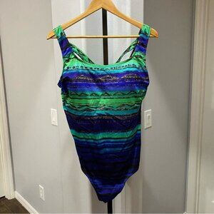 Catherines Womens Black Green Blue Print One-Piece Swimsuit Plus Sz 20W Metallic